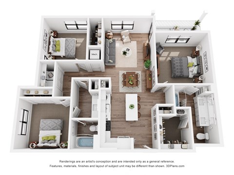 A 3D floor plan of a house with multiple rooms and furniture.